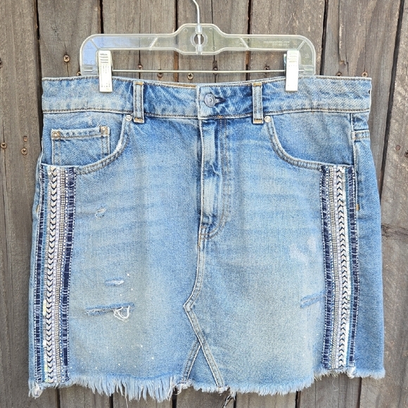 Free People Denim Mini Skirt with Embellished Trim - Picture 1 of 5